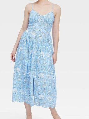 Roller Rabbit x Target Blue Floral Tie Shoulder Maxi Dress Smocked NWT Size S